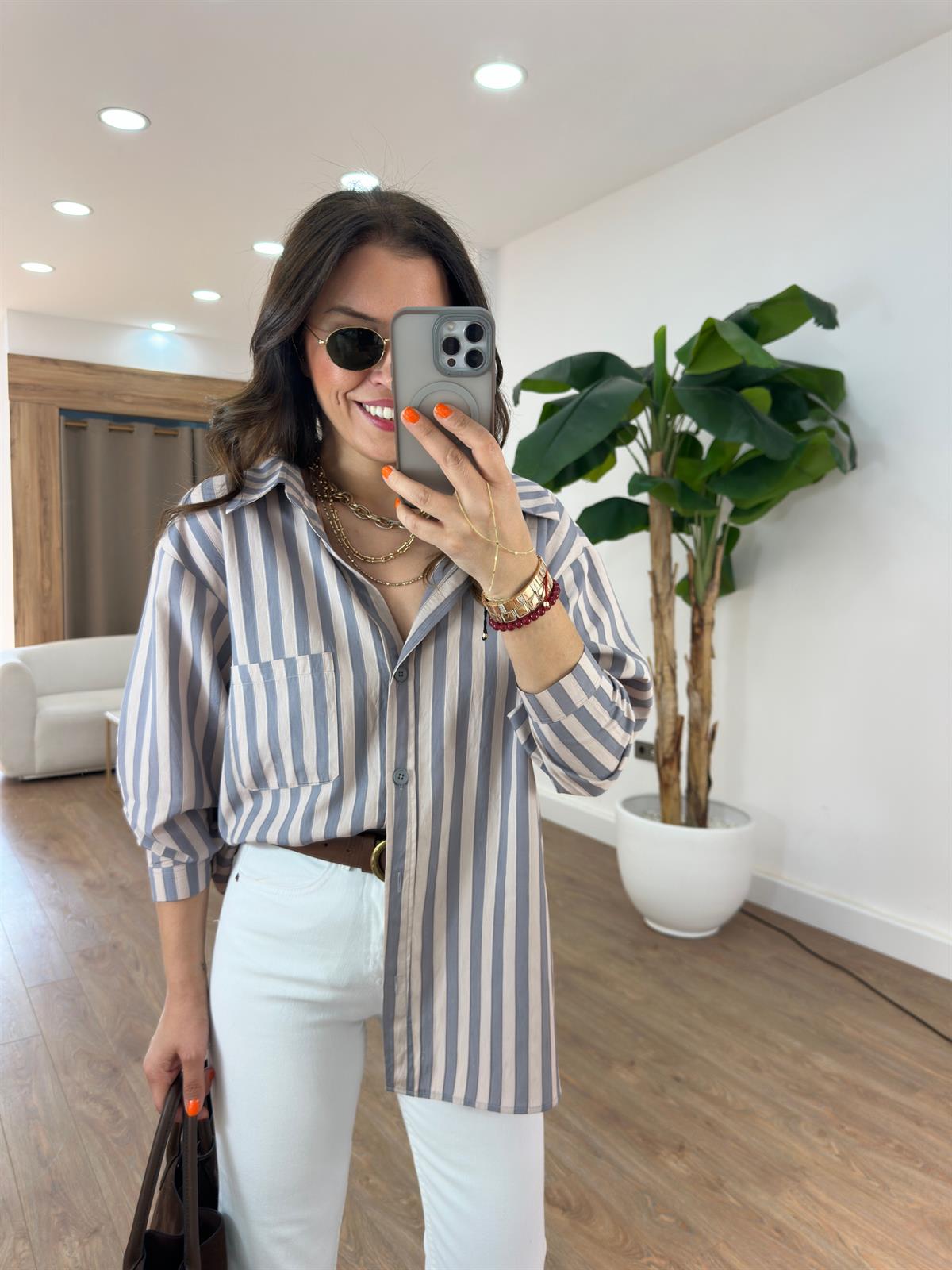 Çizgili Oversize Gömlek - Füme