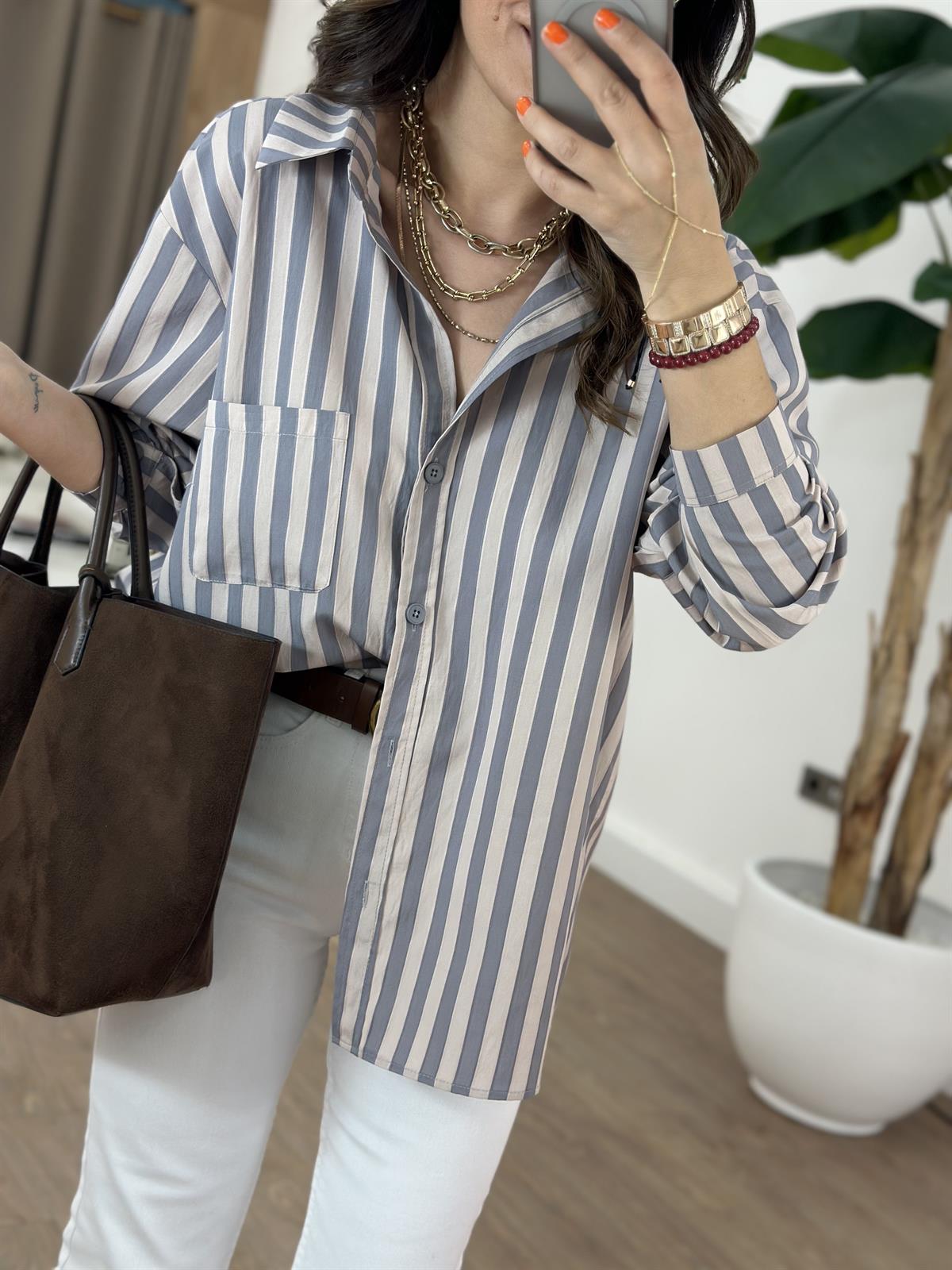 Çizgili Oversize Gömlek - Füme