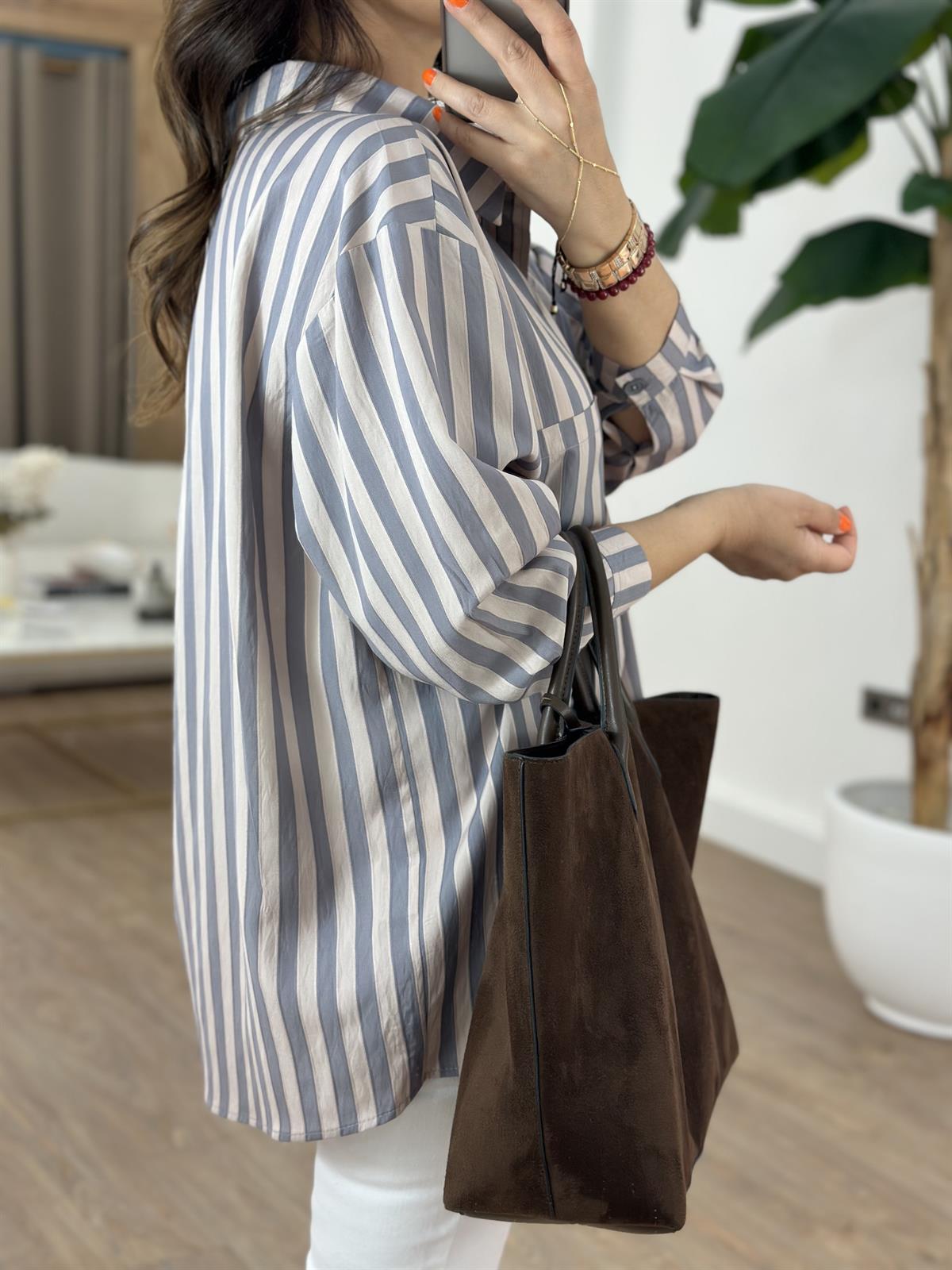 Çizgili Oversize Gömlek - Füme