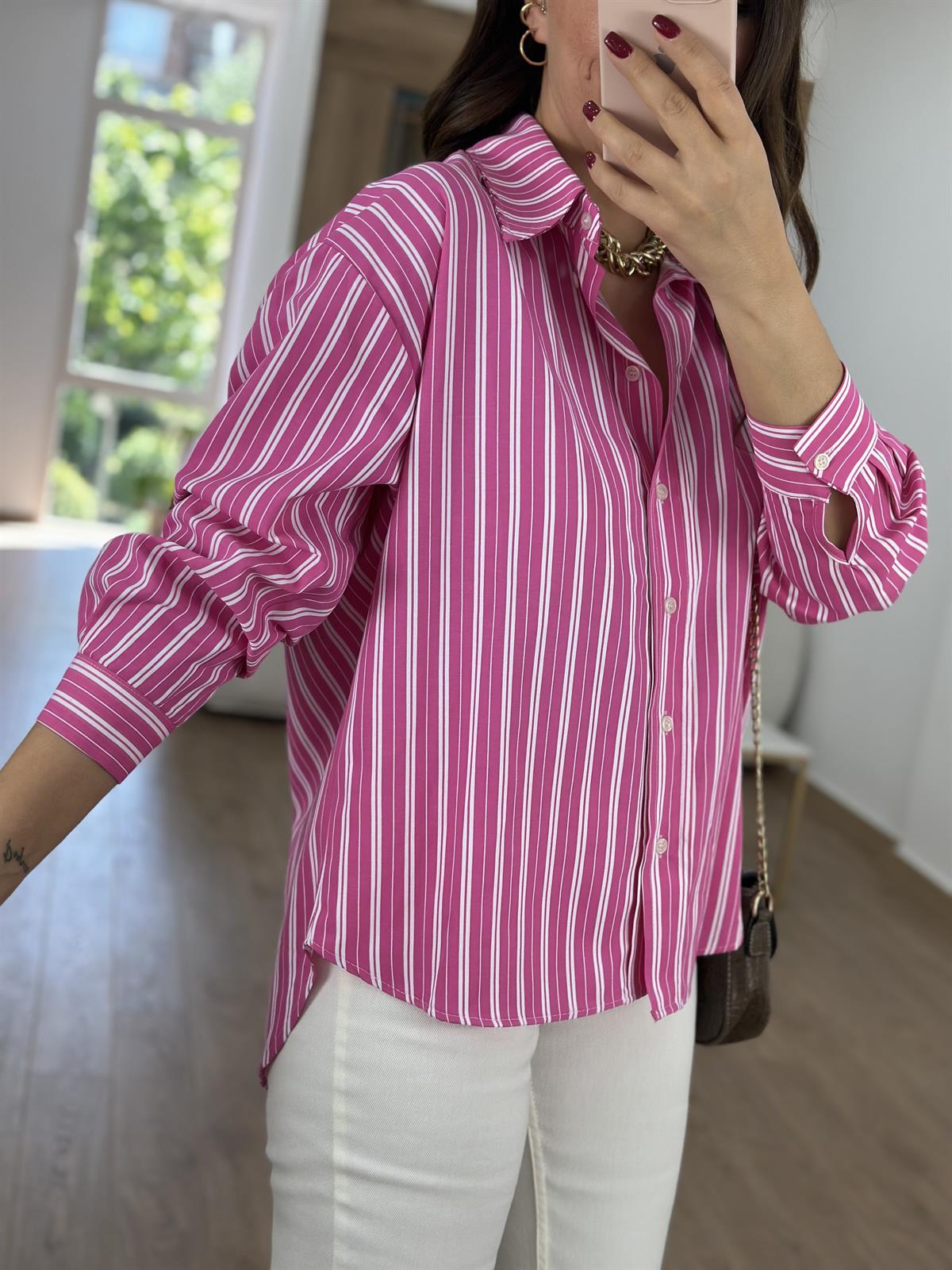 Çizgili Oversize Gömlek-Fuşya