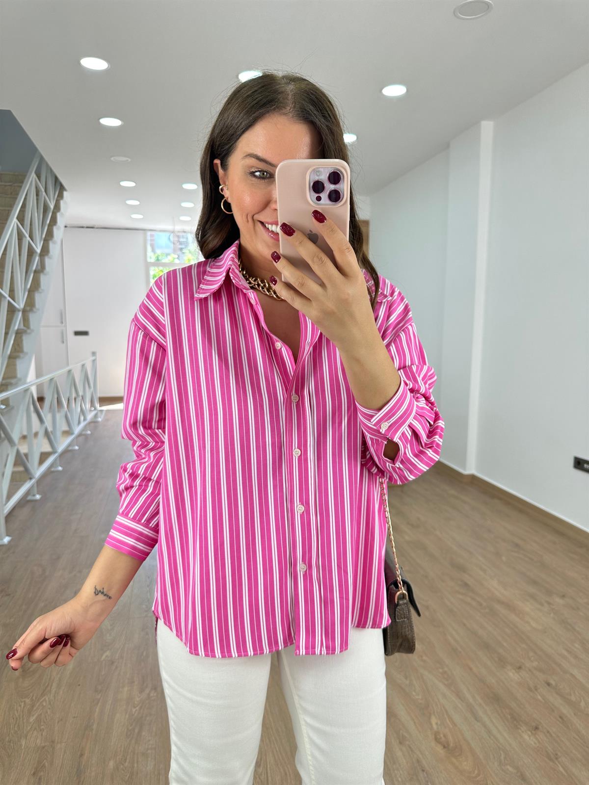 Çizgili Oversize Gömlek-Fuşya
