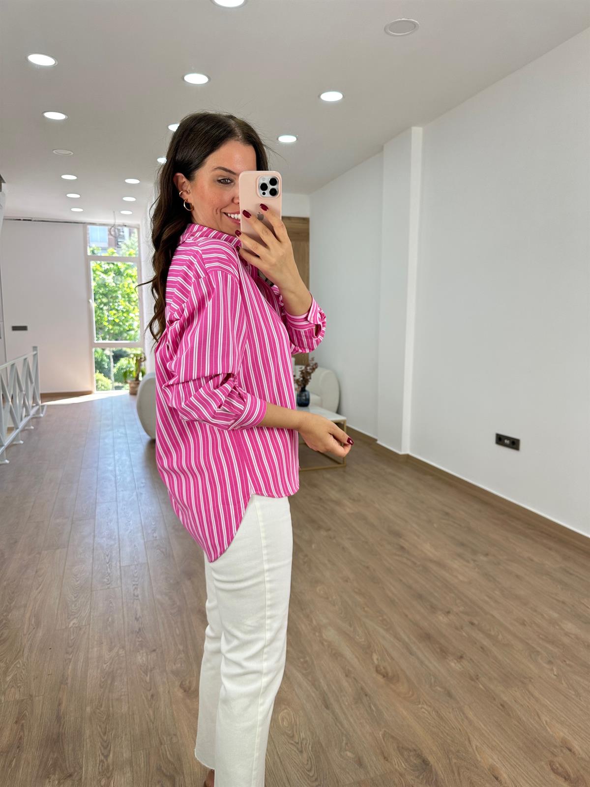 Çizgili Oversize Gömlek-Fuşya