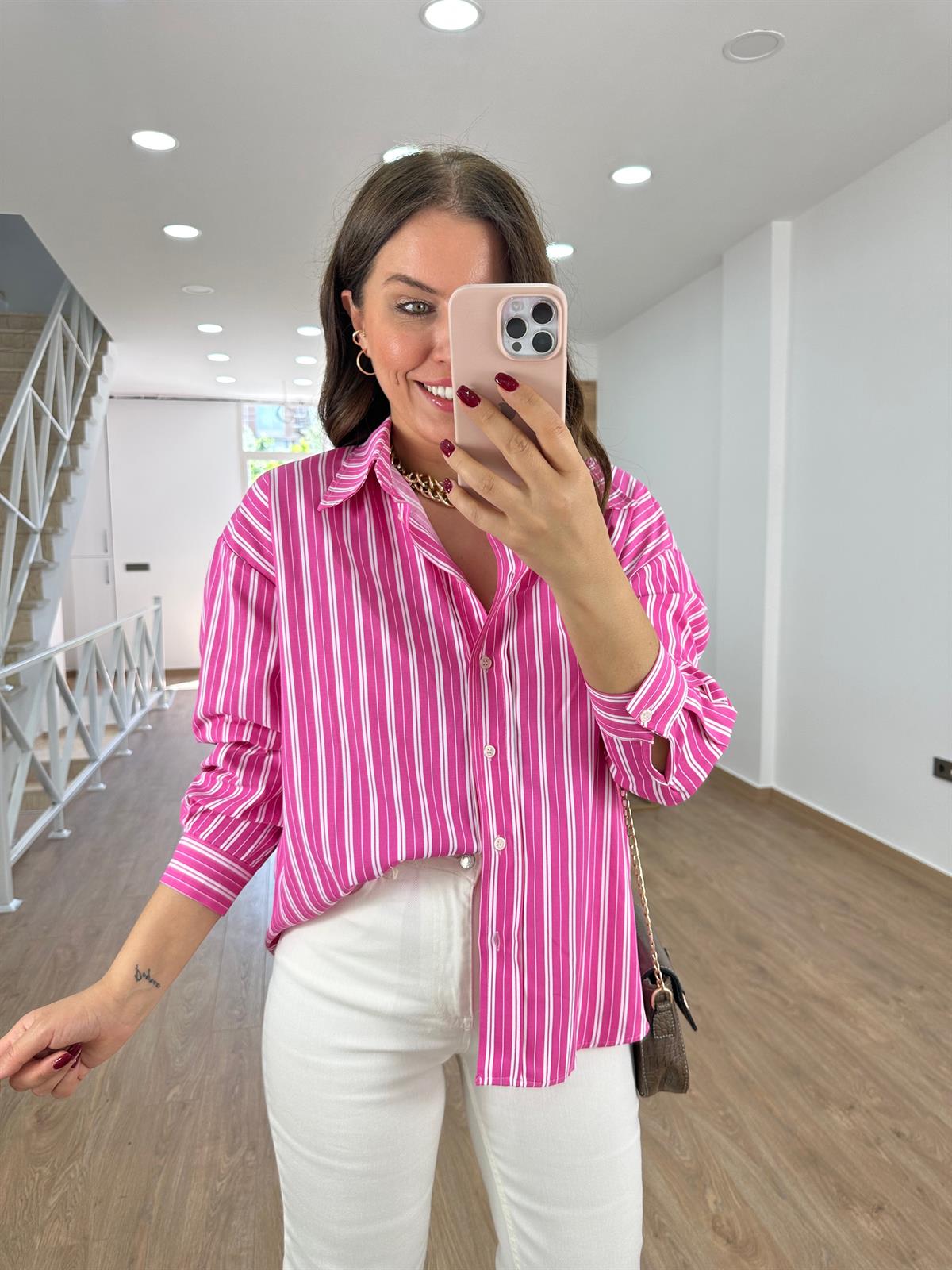 Çizgili Oversize Gömlek-Fuşya