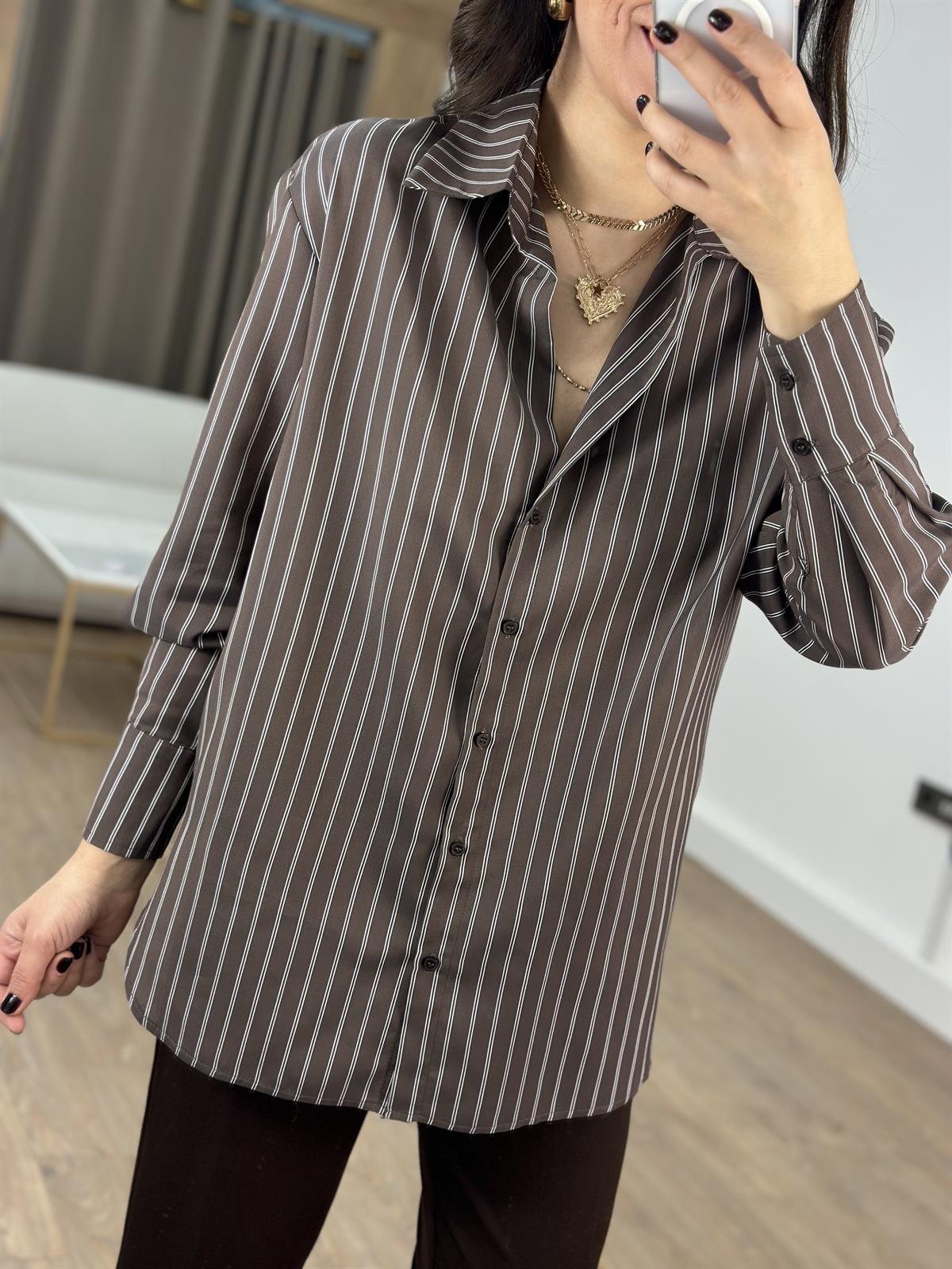 Çizgili Oversize Gömlek - Kahverengi