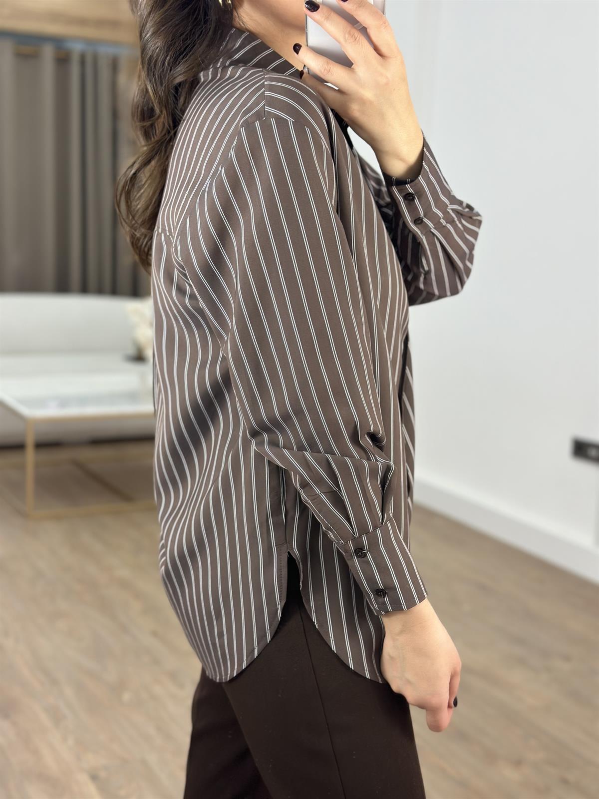 Çizgili Oversize Gömlek - Kahverengi