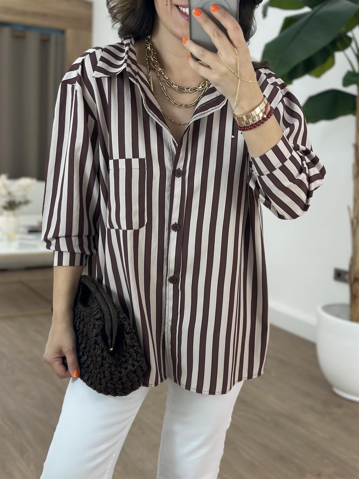 Çizgili Oversize Gömlek - Kahverengi