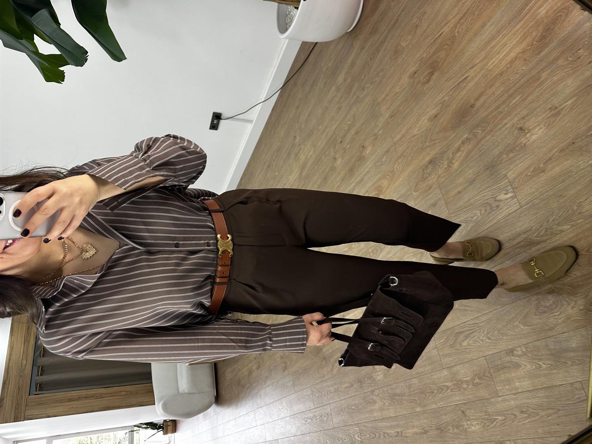 Çizgili Oversize Gömlek - Kahverengi