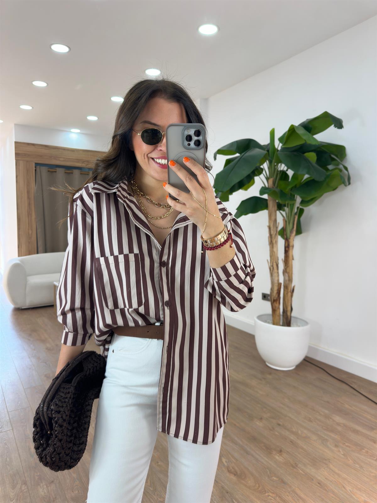 Çizgili Oversize Gömlek - Kahverengi