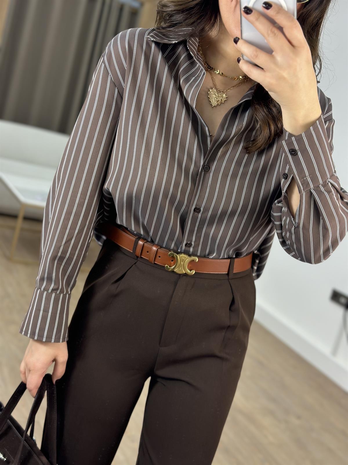 Çizgili Oversize Gömlek - Kahverengi