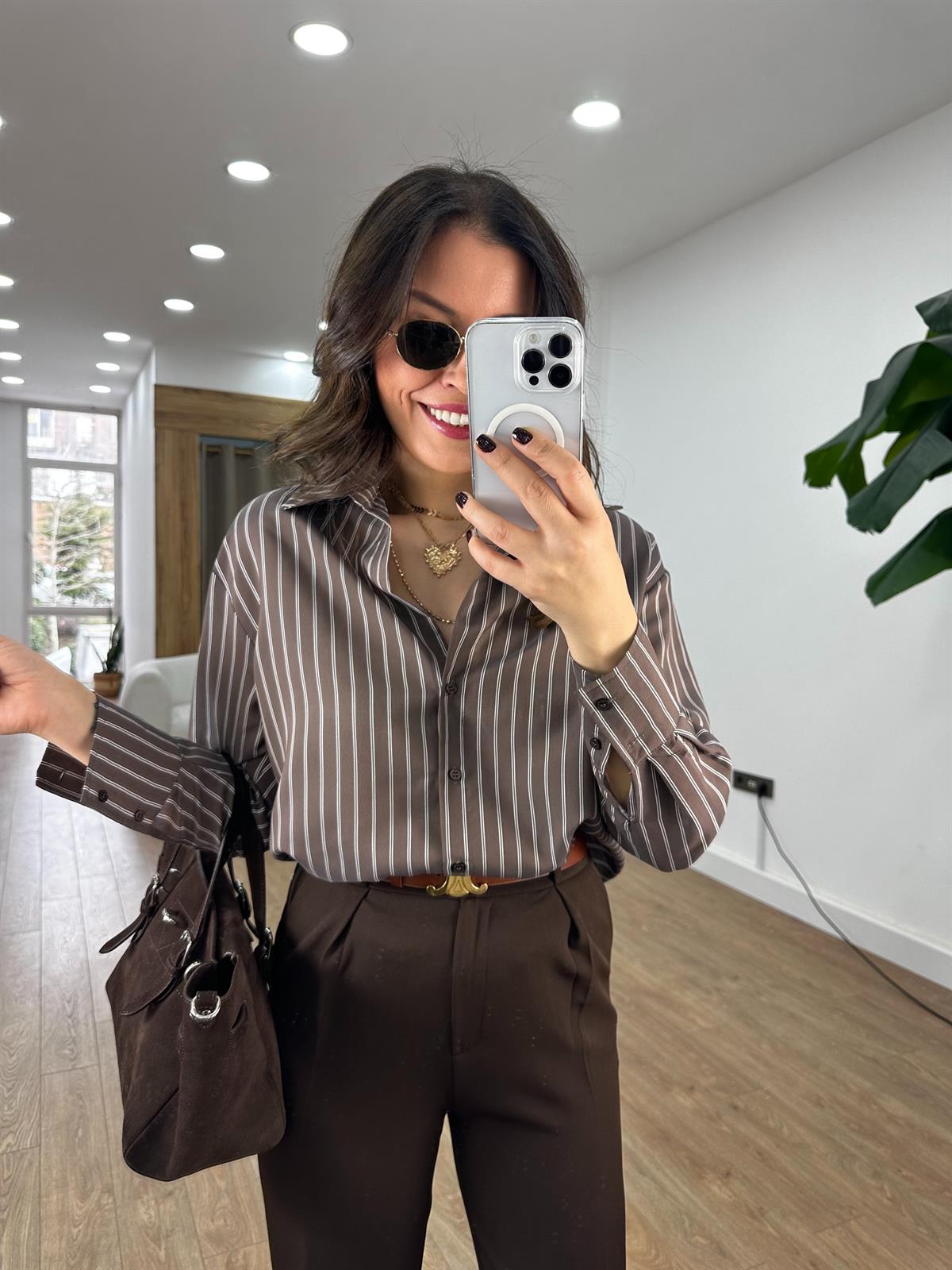 Çizgili Oversize Gömlek - Kahverengi