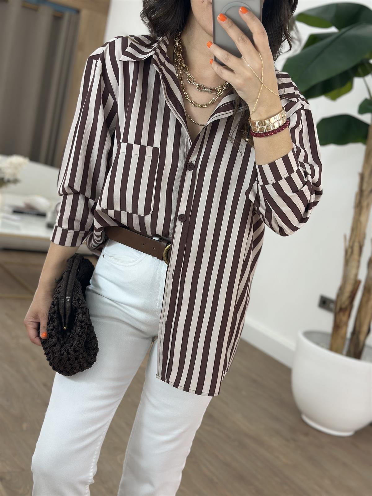 Çizgili Oversize Gömlek - Kahverengi