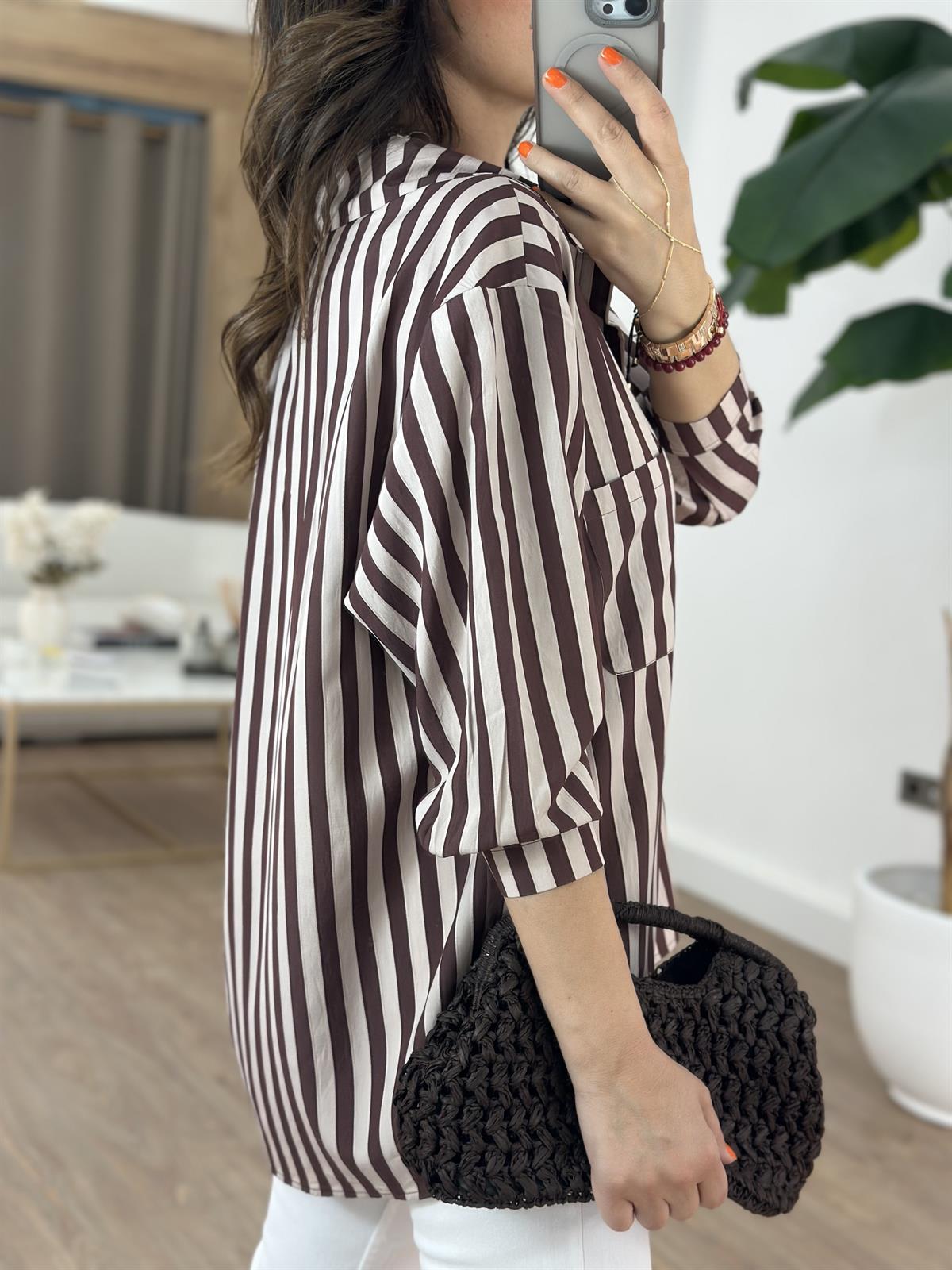 Çizgili Oversize Gömlek - Kahverengi