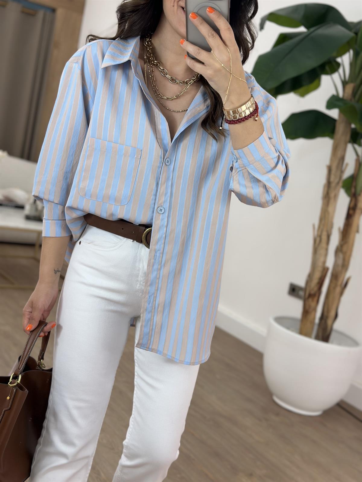 Çizgili Oversize Gömlek - Mavi