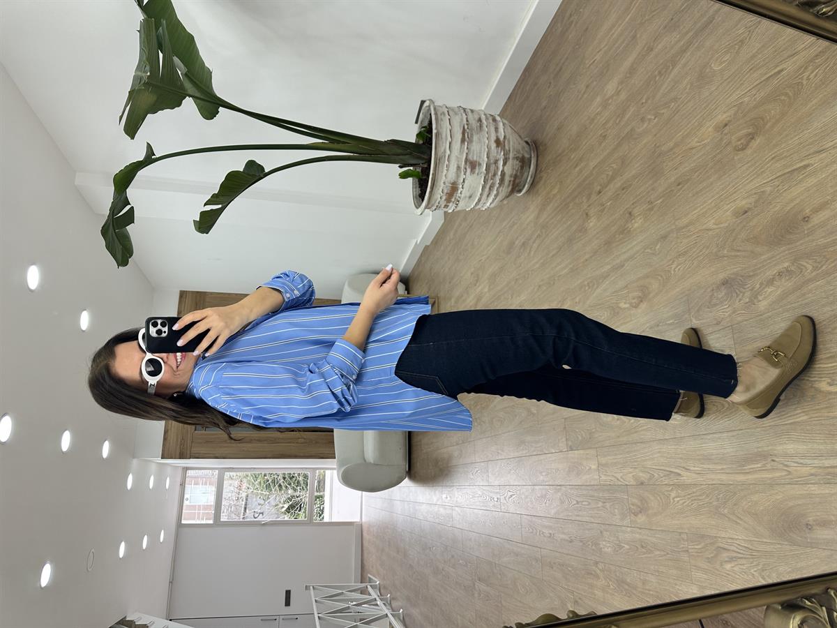 Çizgili Oversize Gömlek-Mavi