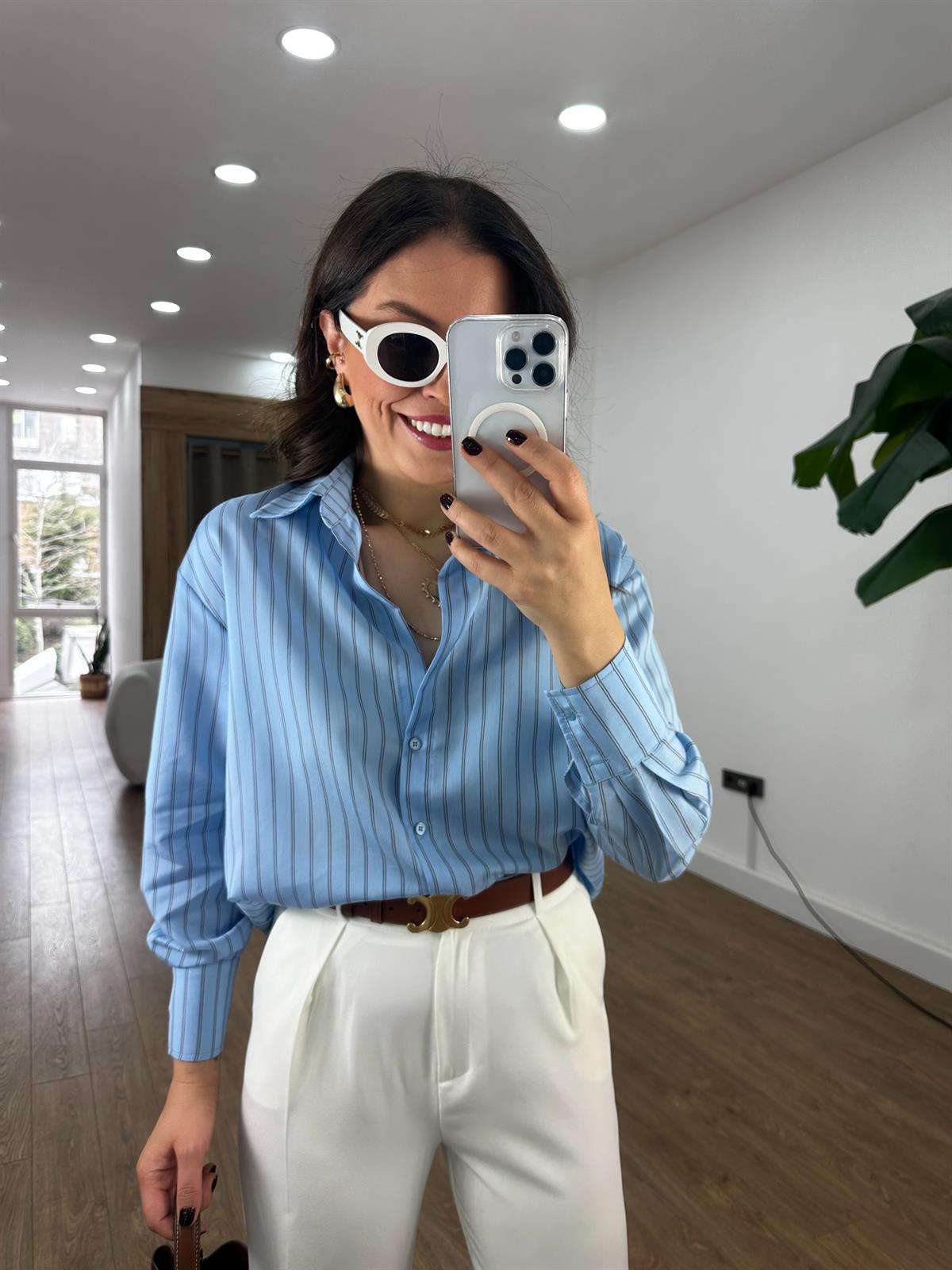 Çizgili Oversize Gömlek - Mavi