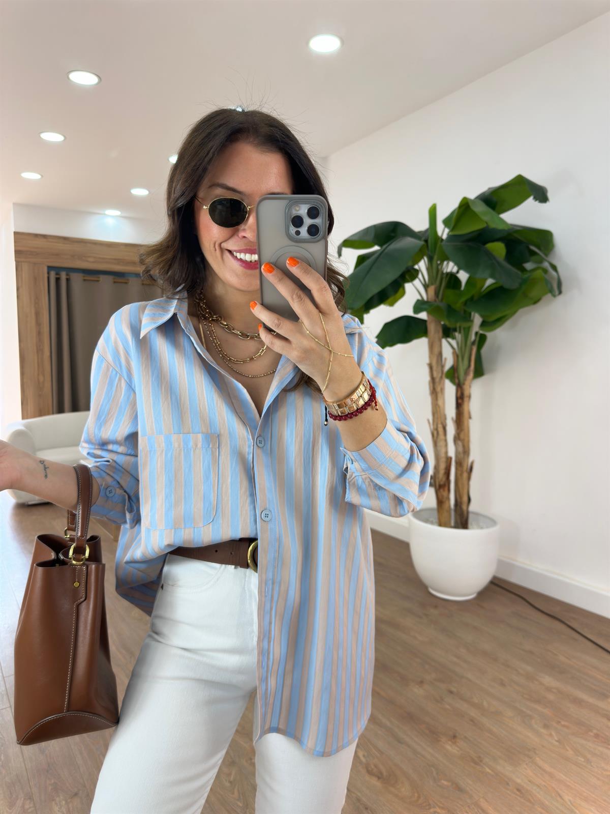 Çizgili Oversize Gömlek - Mavi