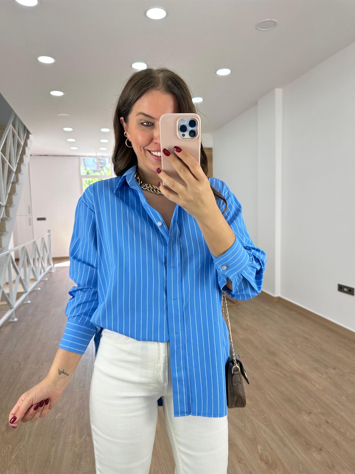 Çizgili Oversize Gömlek-Mavi