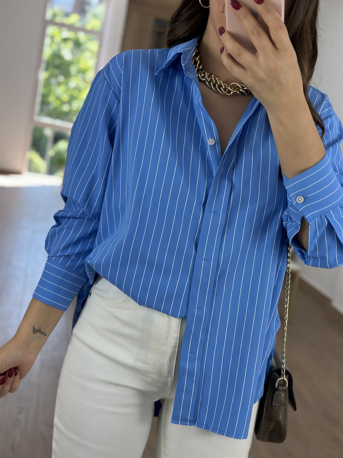 Çizgili Oversize Gömlek-Mavi