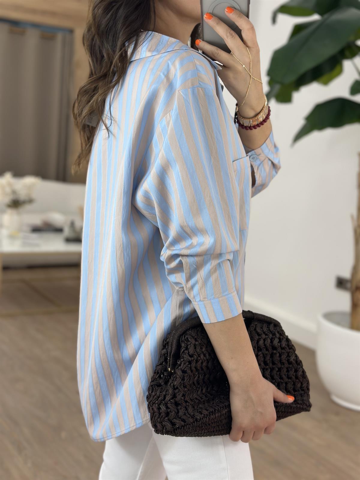 Çizgili Oversize Gömlek - Mavi