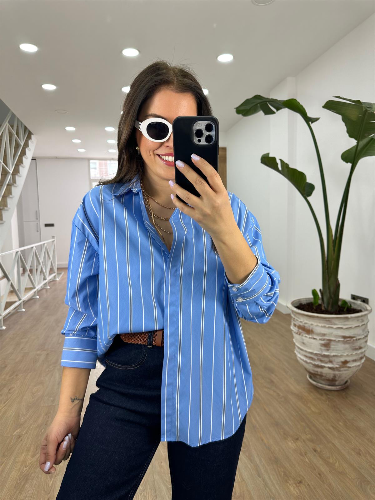 Çizgili Oversize Gömlek-Mavi