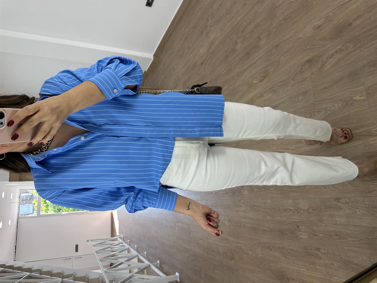 Çizgili Oversize Gömlek-Mavi