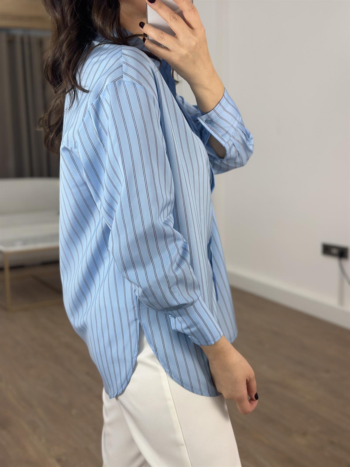Çizgili Oversize Gömlek - Mavi
