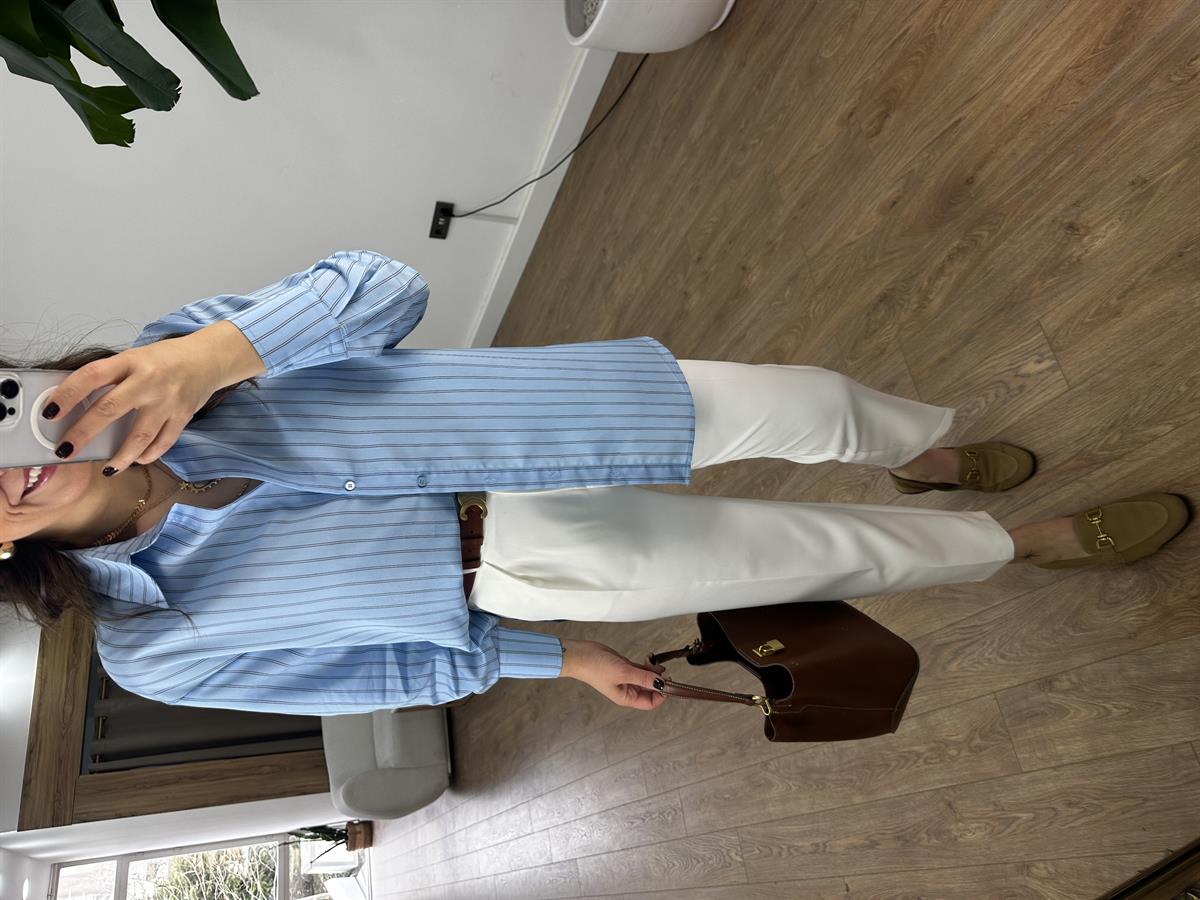 Çizgili Oversize Gömlek - Mavi