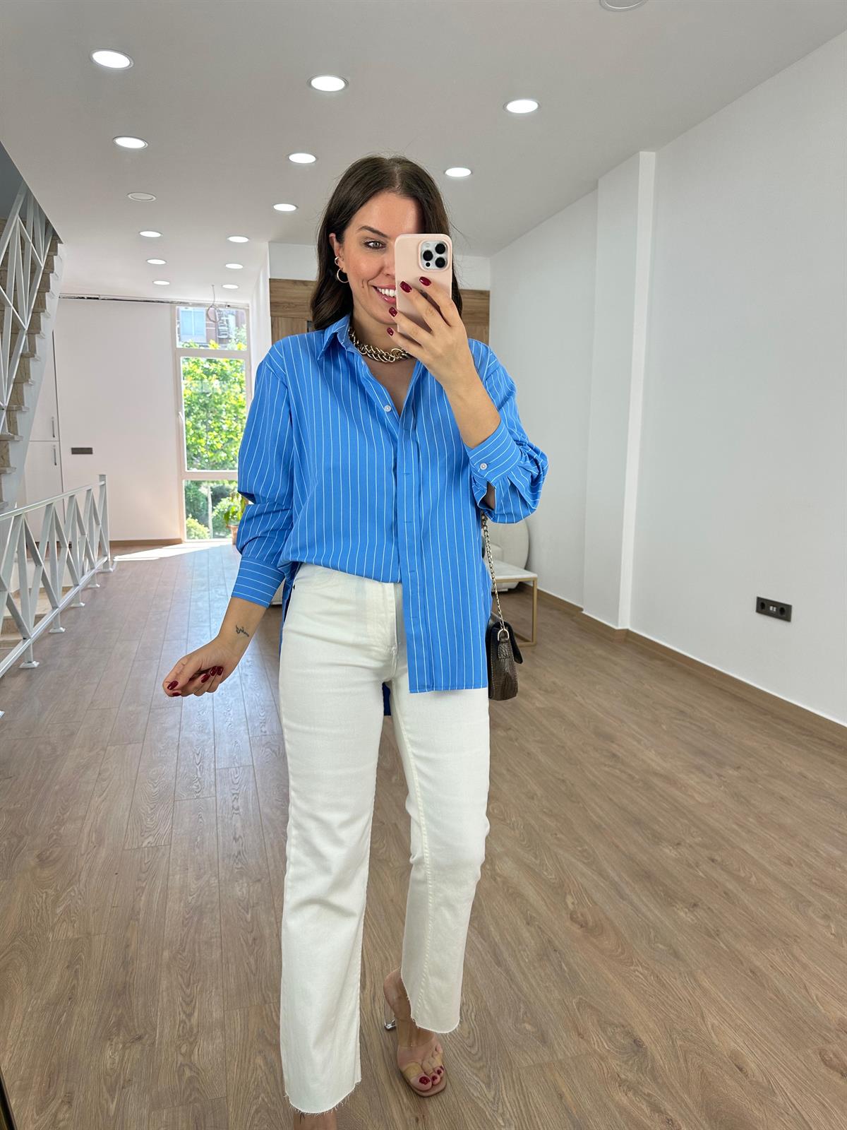 Çizgili Oversize Gömlek-Mavi