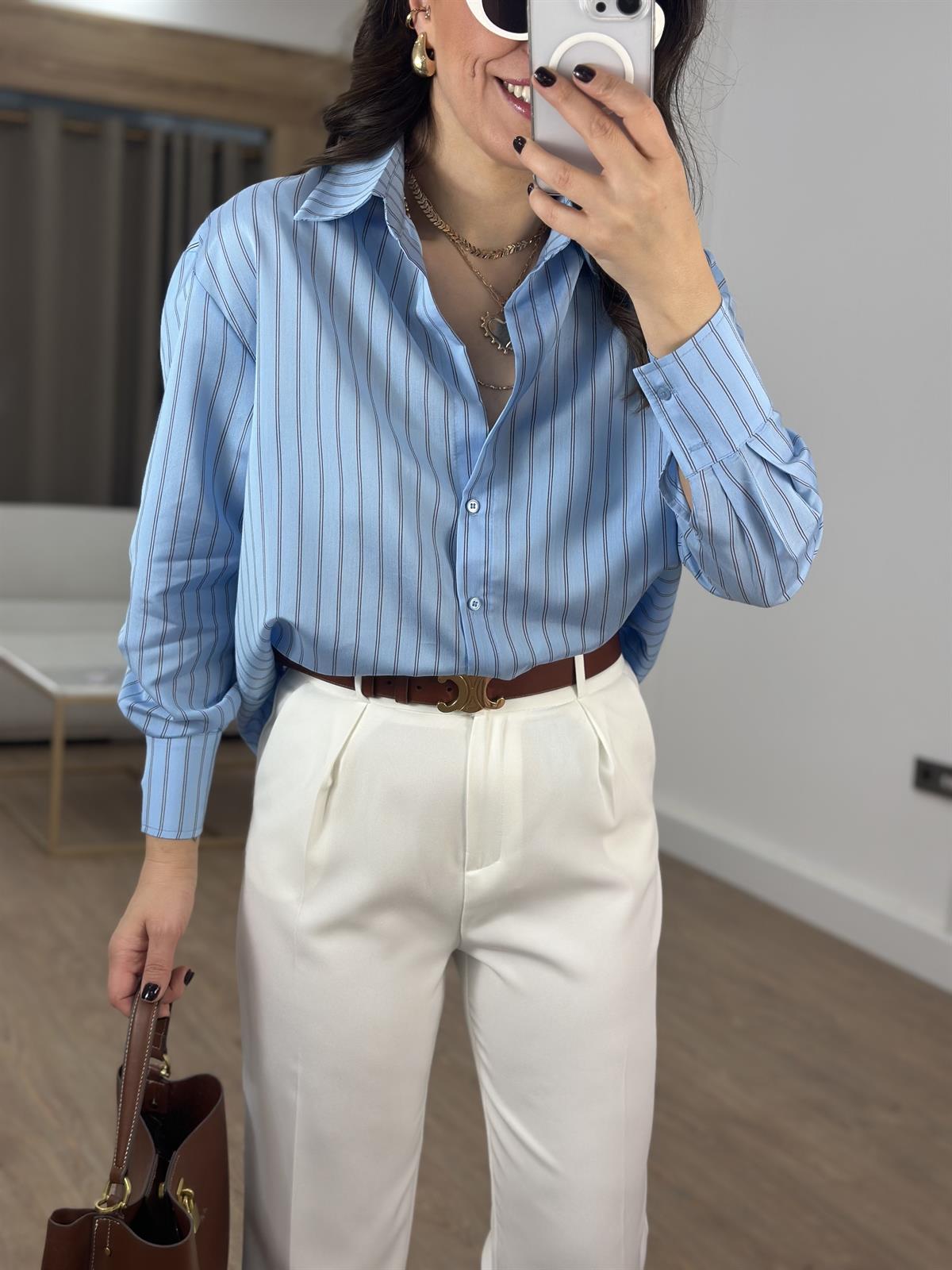 Çizgili Oversize Gömlek - Mavi