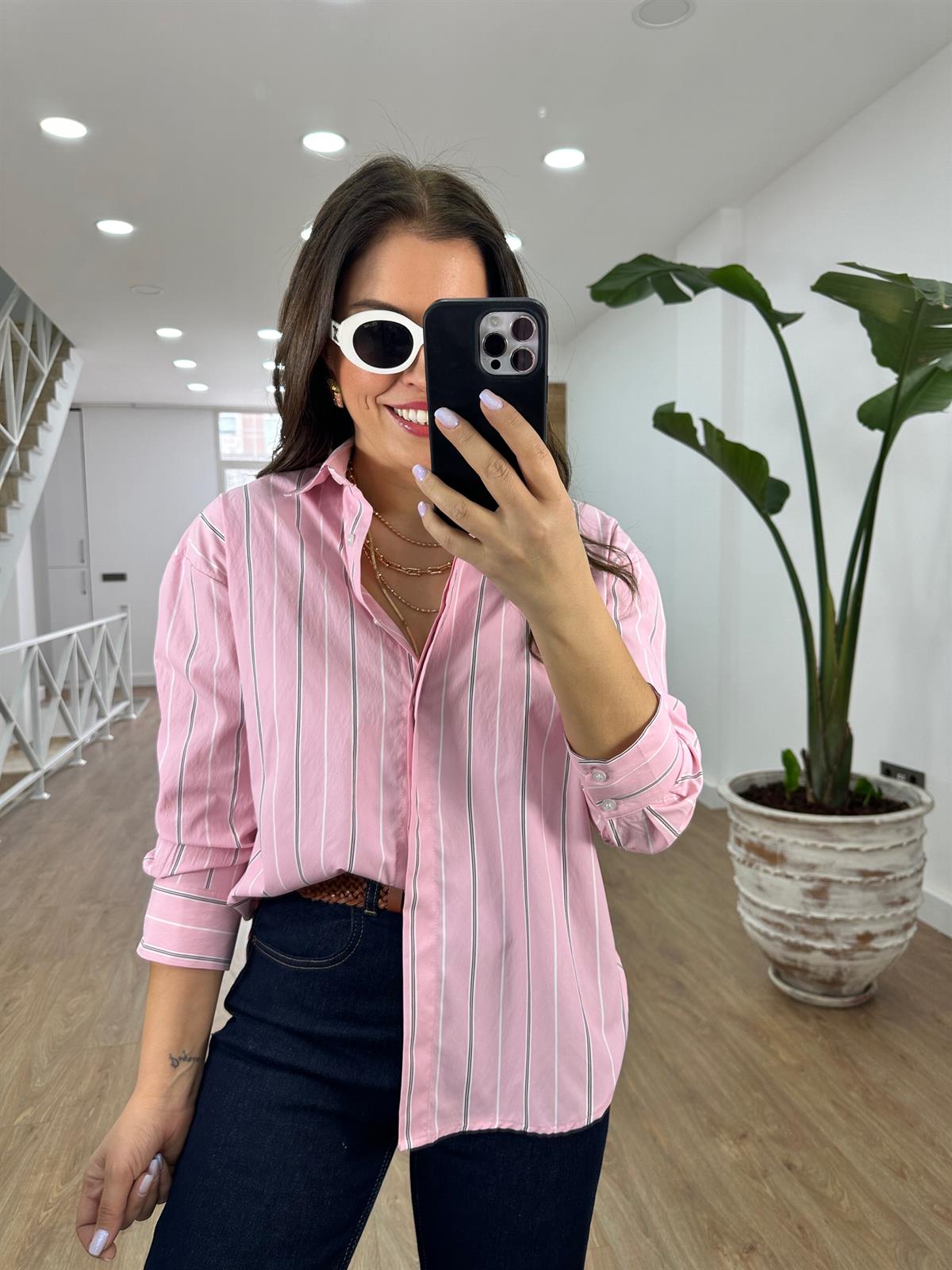 Çizgili Oversize Gömlek-Pembe