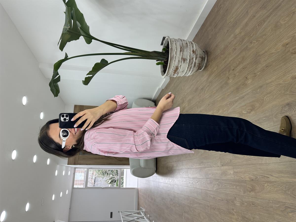 Çizgili Oversize Gömlek-Pembe