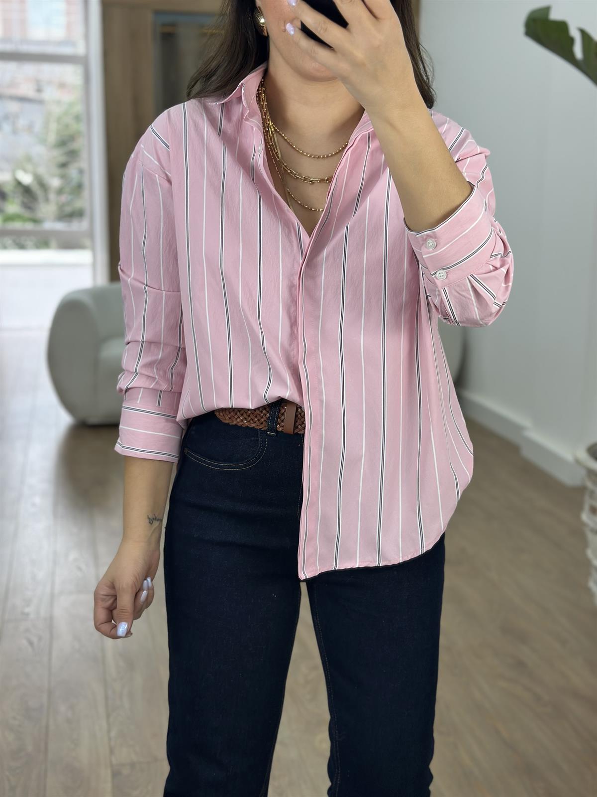 Çizgili Oversize Gömlek-Pembe