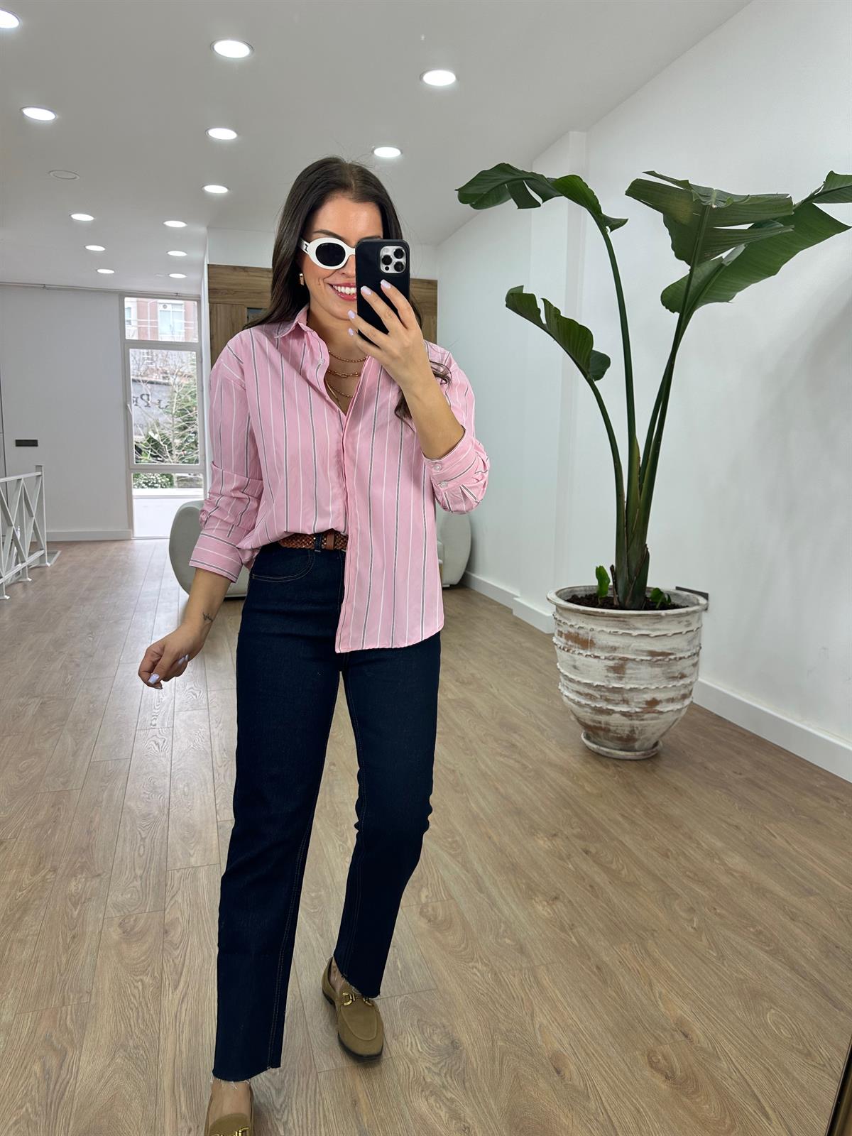 Çizgili Oversize Gömlek-Pembe