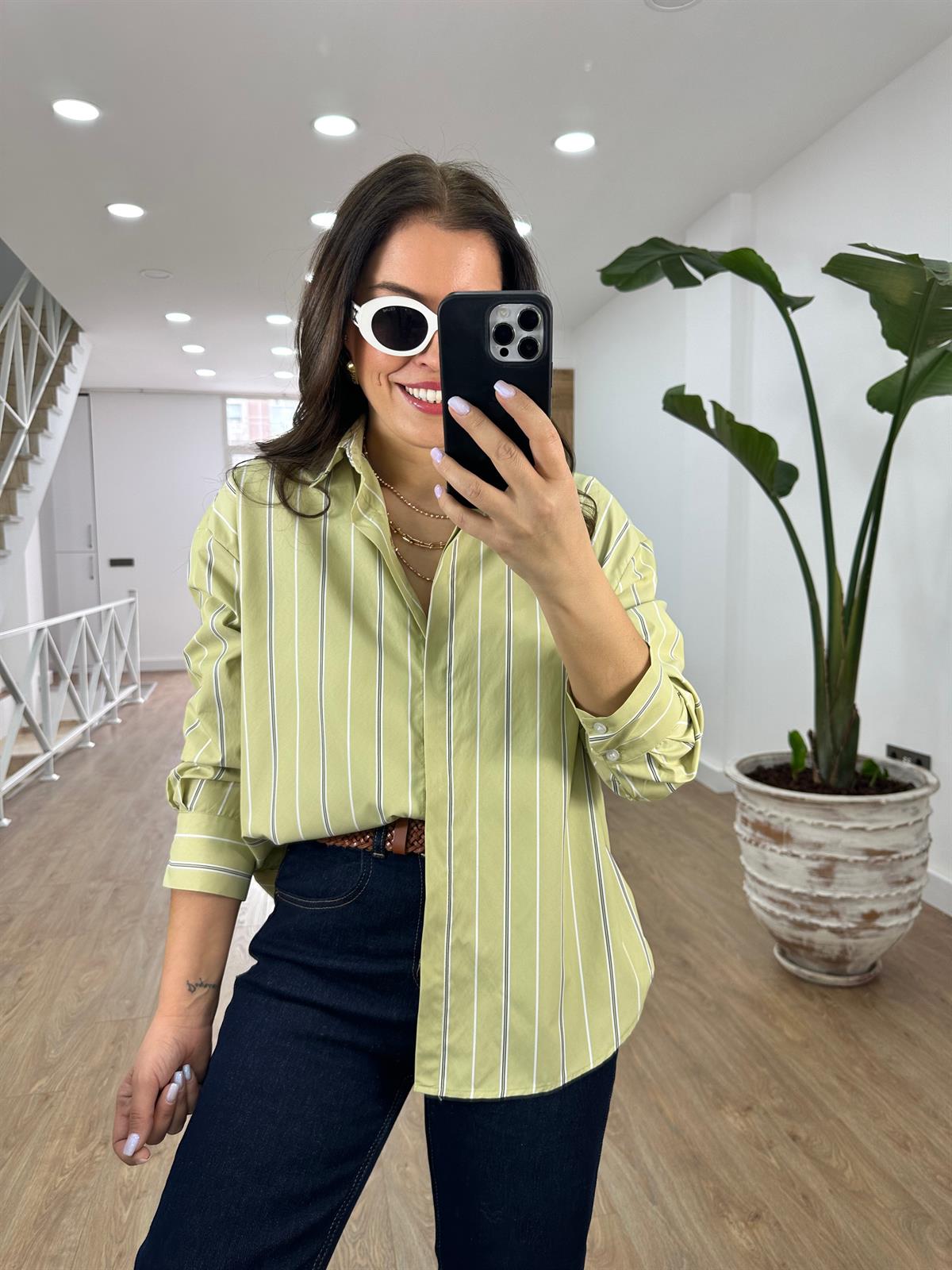 Çizgili Oversize Gömlek-Yeşil