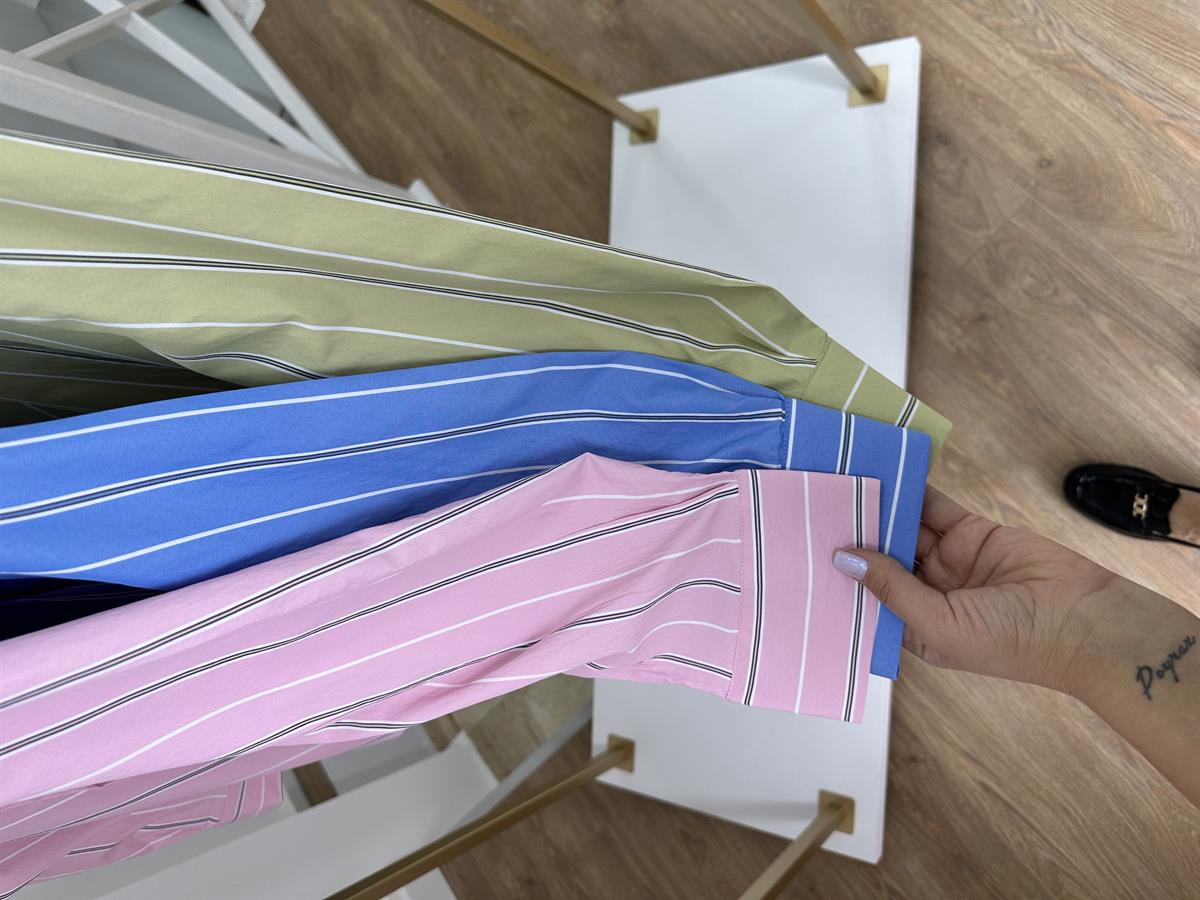 Çizgili Oversize Gömlek-Yeşil