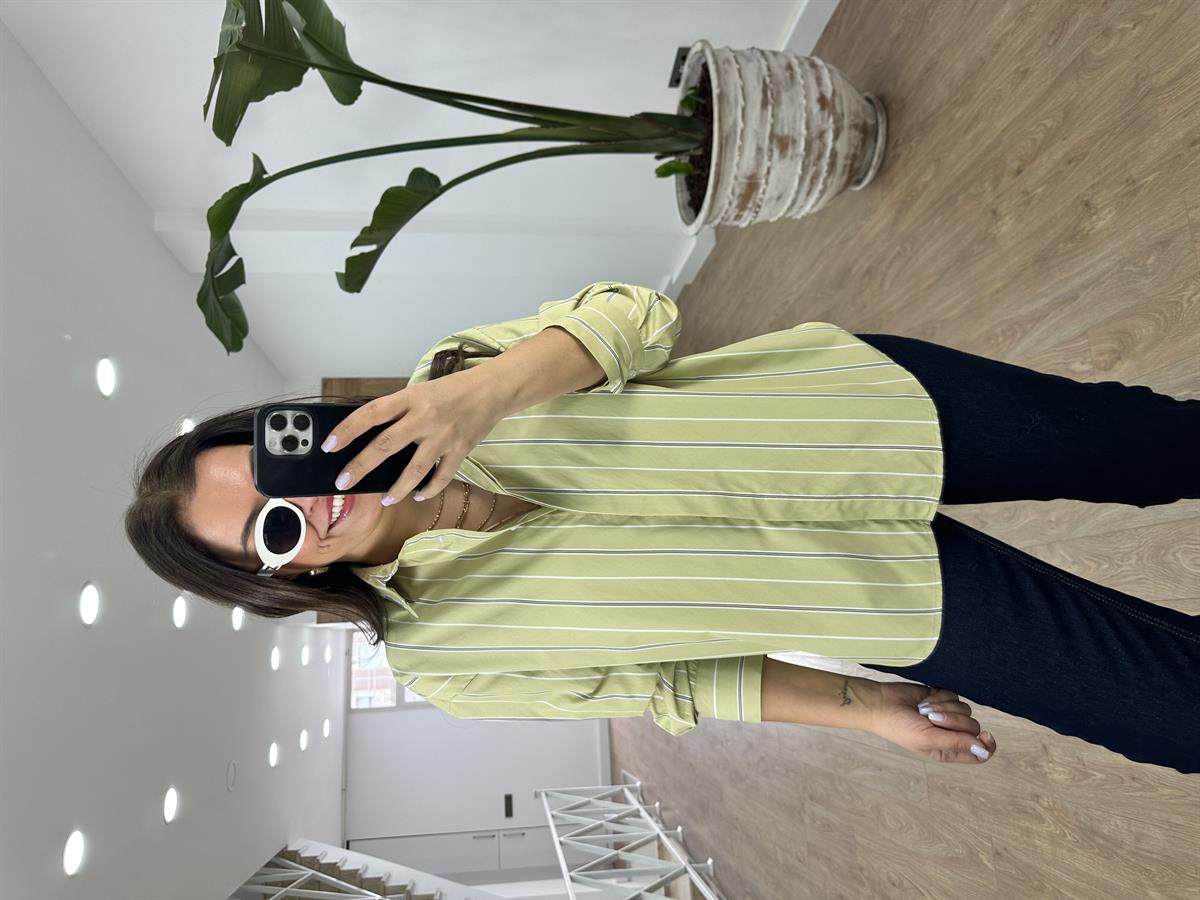 Çizgili Oversize Gömlek-Yeşil