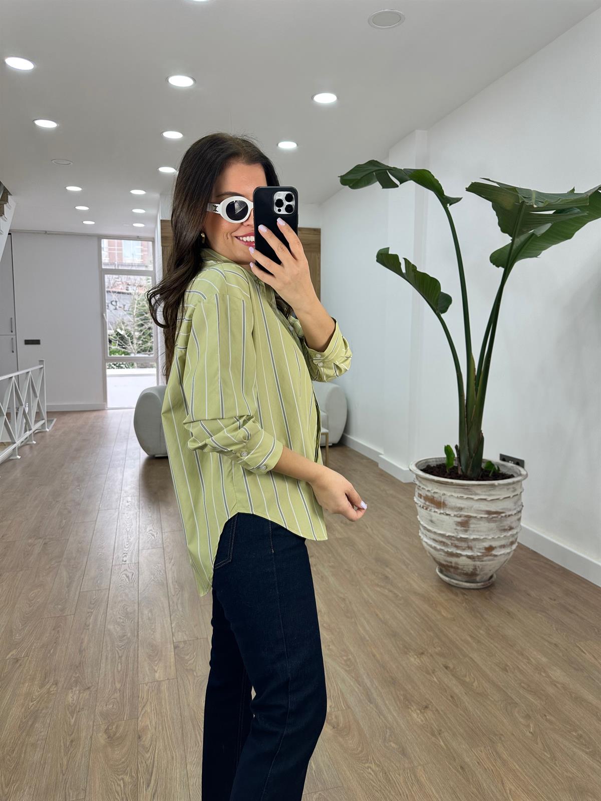 Çizgili Oversize Gömlek-Yeşil