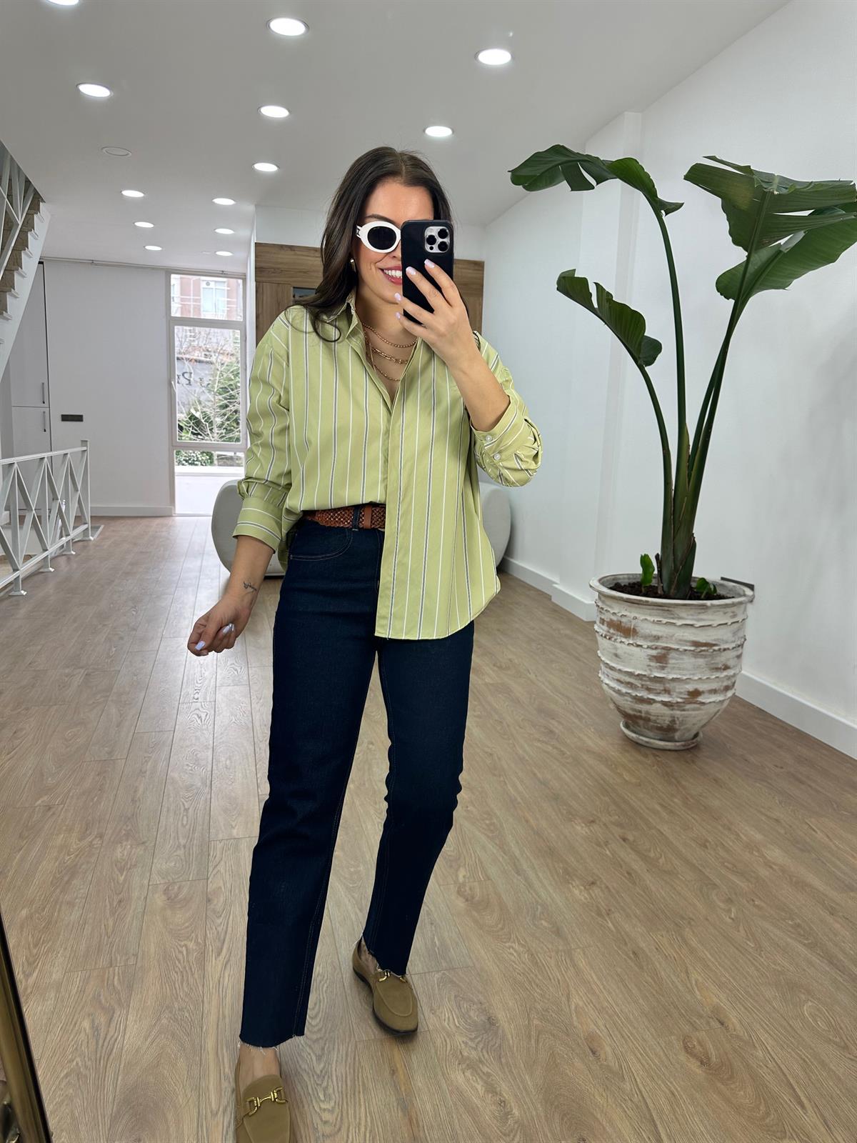 Çizgili Oversize Gömlek-Yeşil