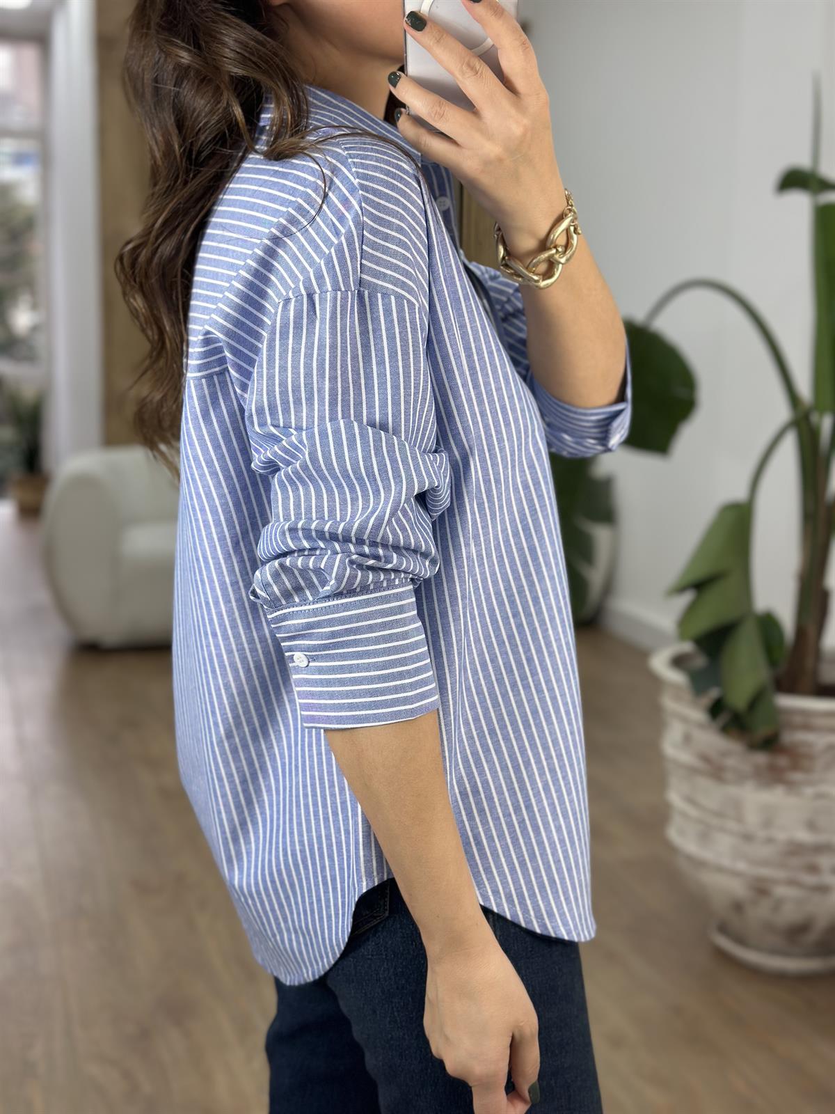 Çizgili Pamuklu Gömlek - Mavi