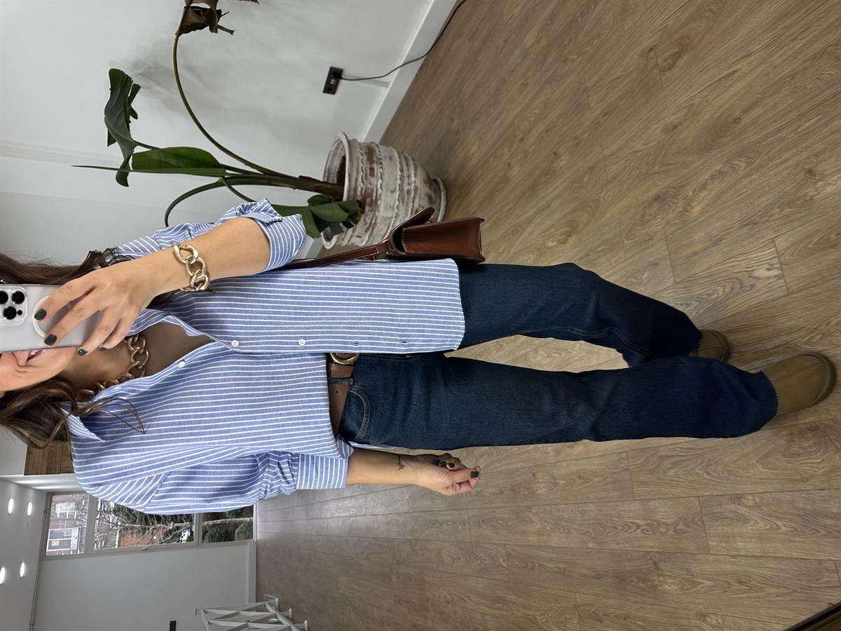 Çizgili Pamuklu Gömlek - Mavi