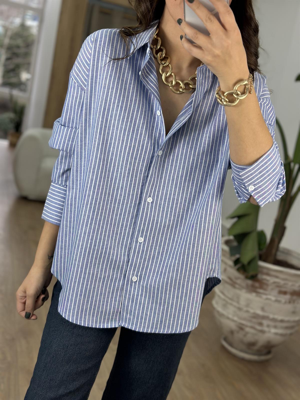 Çizgili Pamuklu Gömlek - Mavi