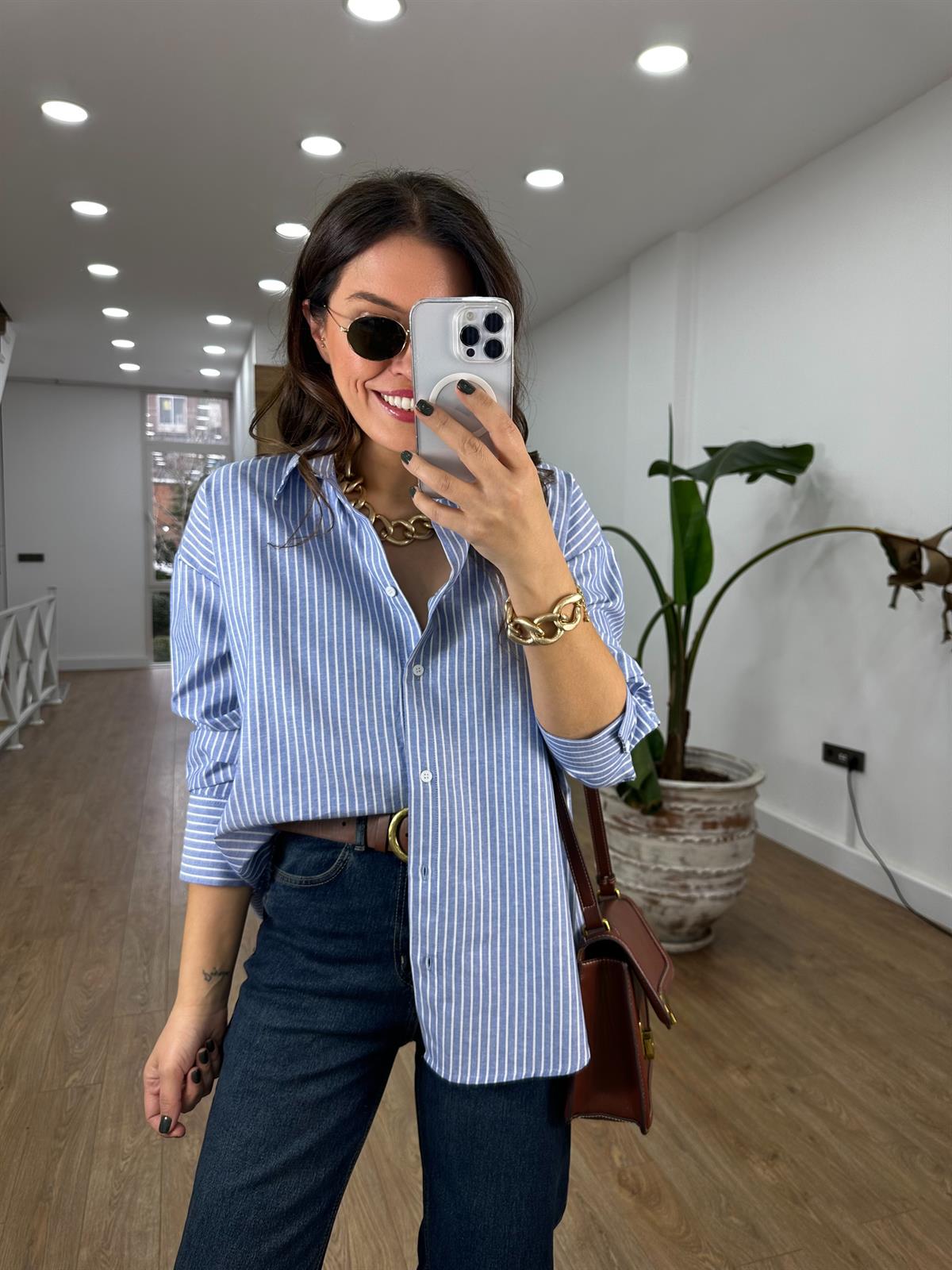 Çizgili Pamuklu Gömlek - Mavi