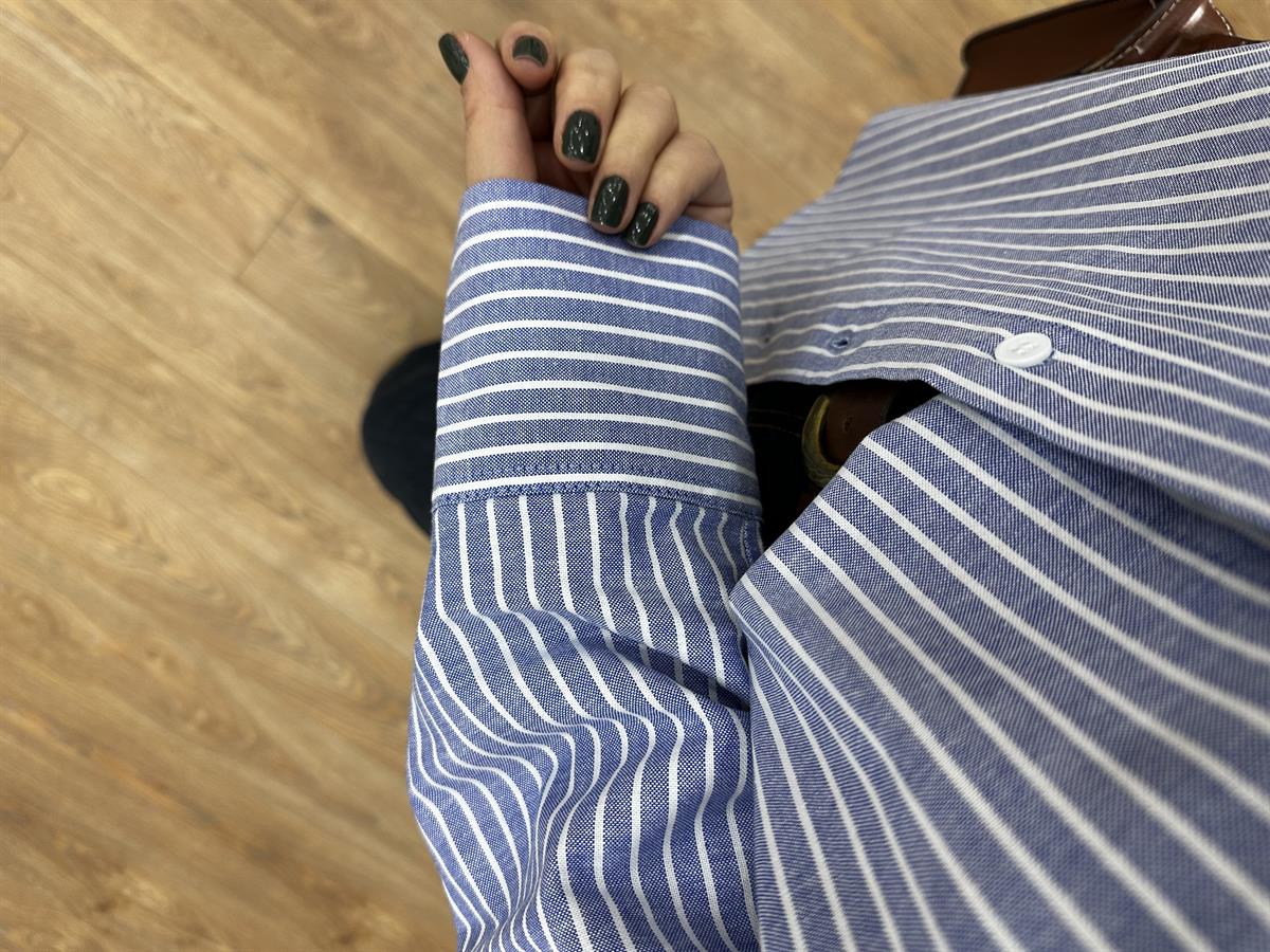 Çizgili Pamuklu Gömlek - Mavi