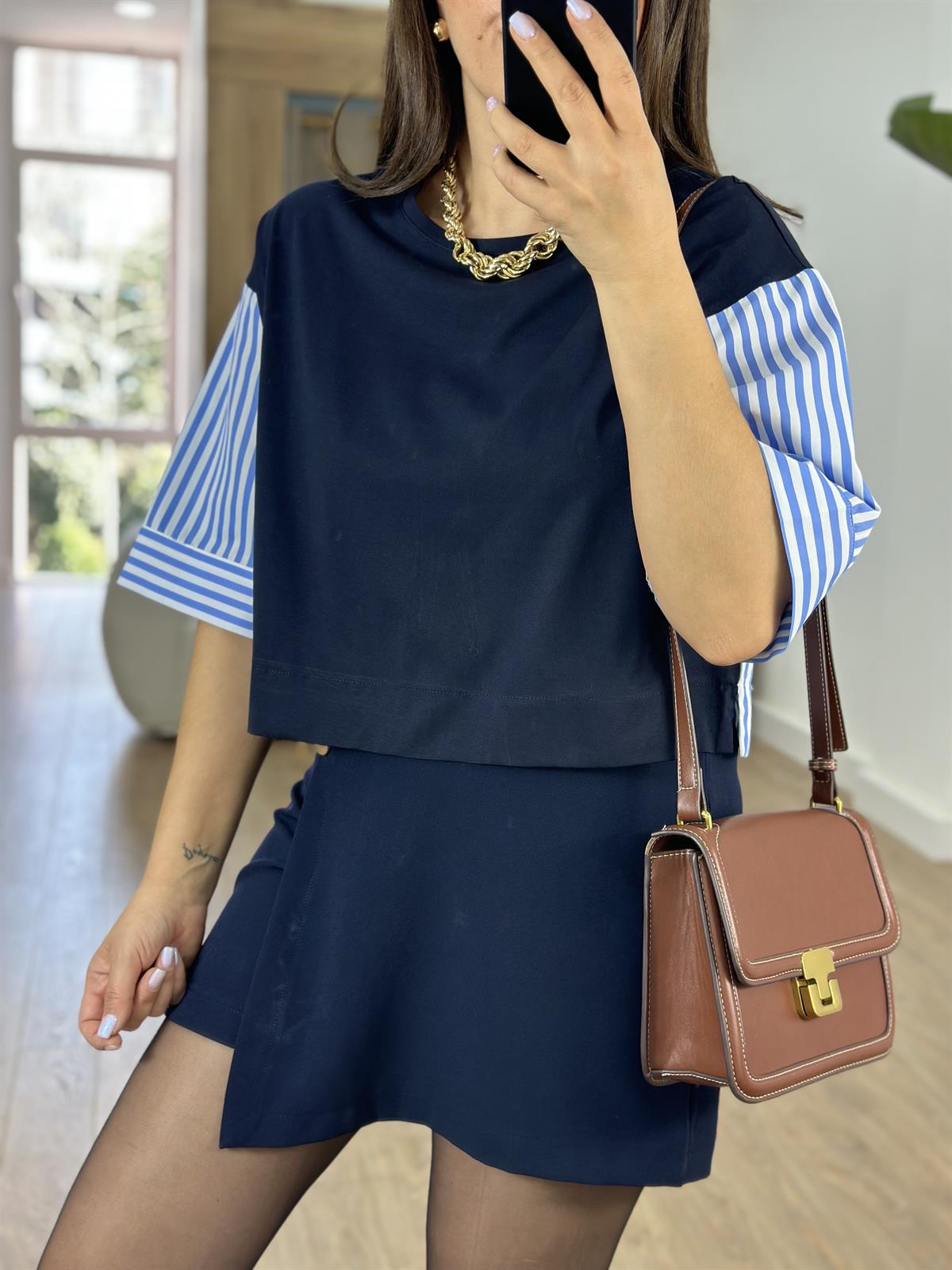 Çizgili Poplin Detaylı Bluz-Lacivert