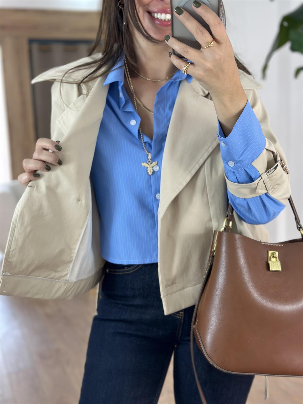 Çizgili Poplin Garnili Ceket