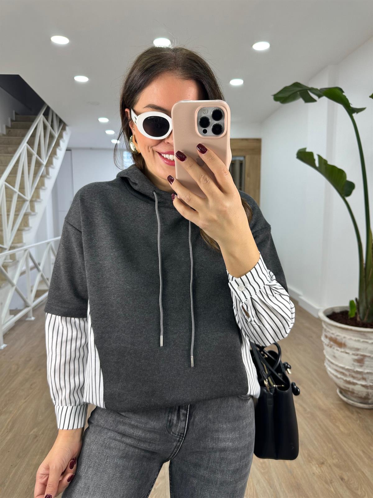 Çizgili Poplin Garnili Sweatshirt