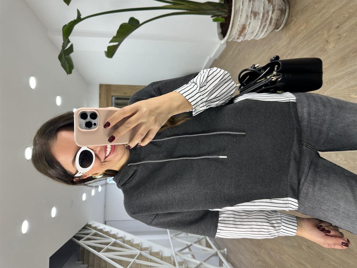 Çizgili Poplin Garnili Sweatshirt