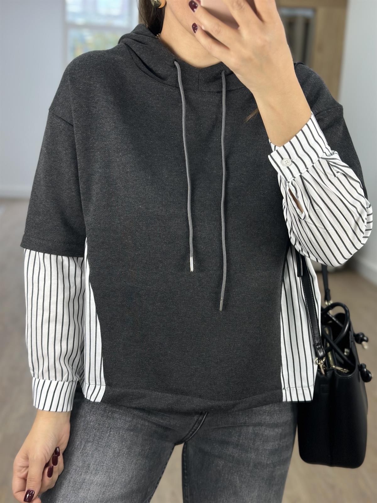 Çizgili Poplin Garnili Sweatshirt