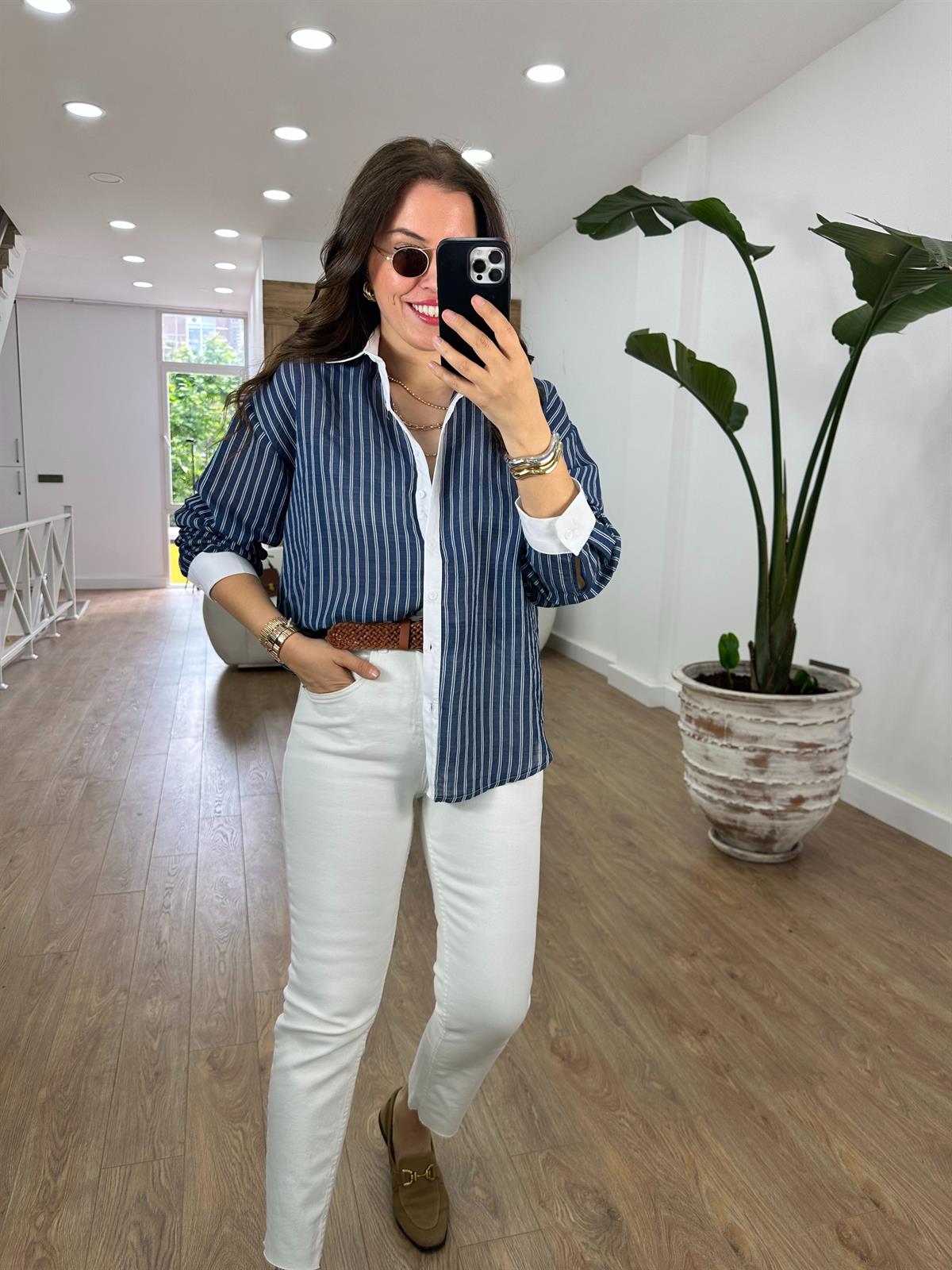 Çizgili Poplin Garnili Tiril Gömlek-Lacivert