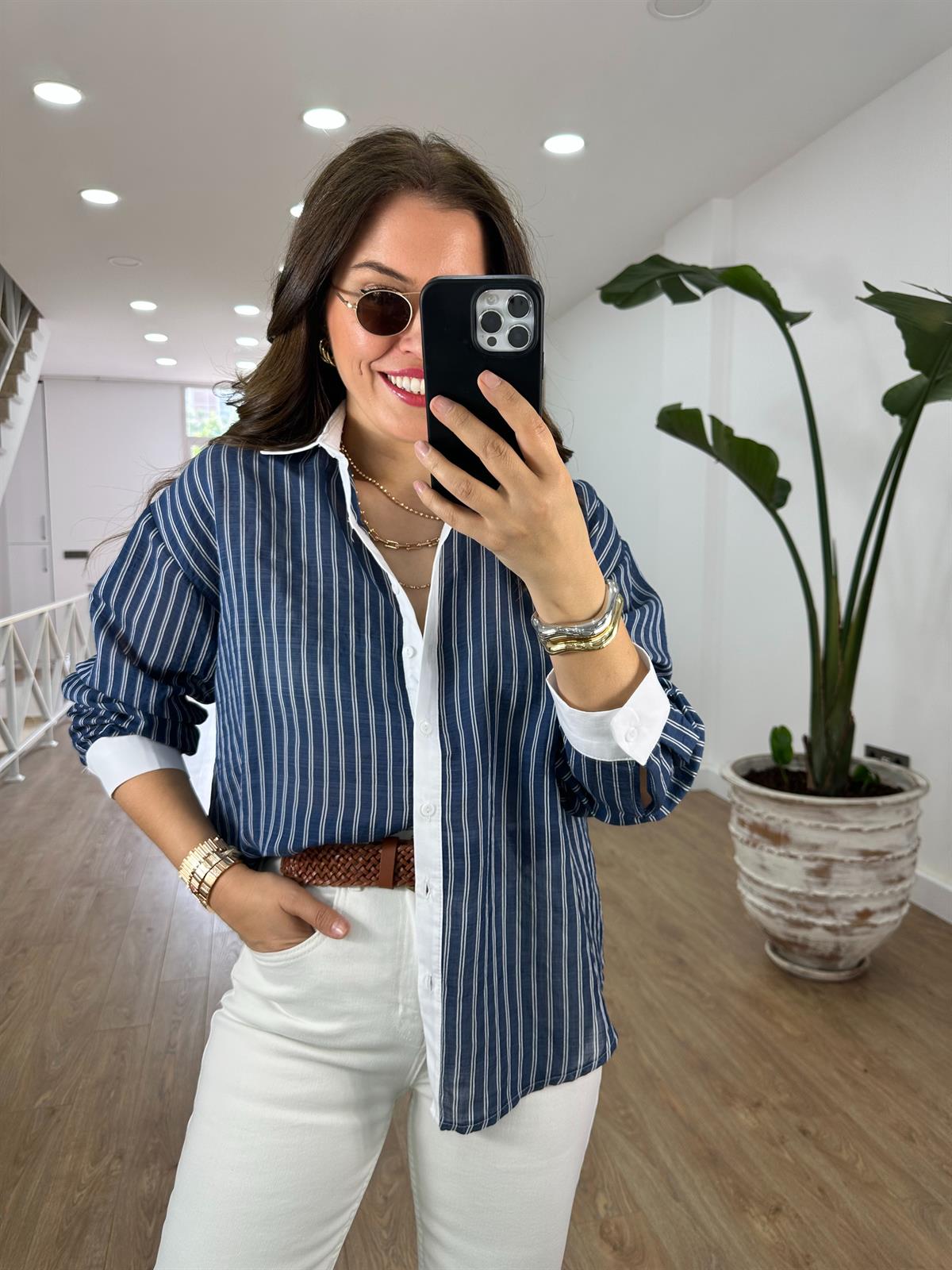 Çizgili Poplin Garnili Tiril Gömlek-Lacivert